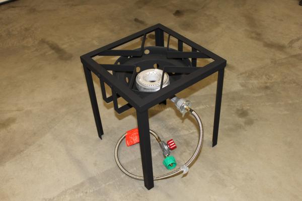 Built new stand for my burner.  This stand works awesome with the keggle.  It's built from 1"x1/8" angle and 1"x1/8" flat stock.  It's extremely sturdy.  It gives me the option to eventually upsize the burner if necessary, however this