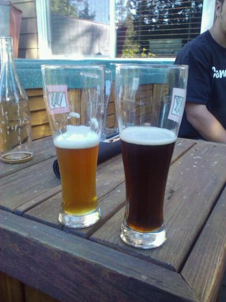 Our "Lost Dogs" Pale Ale on the left, and our unnamed porter on the right.