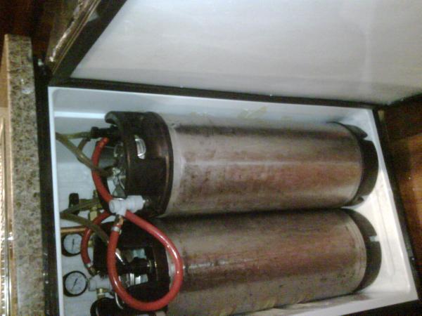 Kegerator with the 2 cornies inside. They do fit, but as you can see it's very tight. I also had to remove the plastic form the door as you can see it replaced by a white painted acryllic.