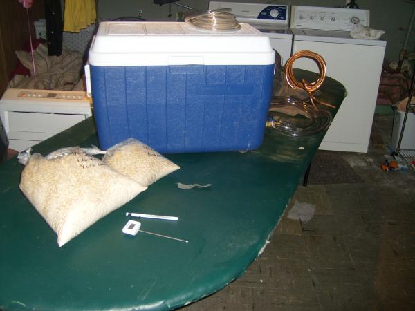 mash tun, immersion chiller and grains