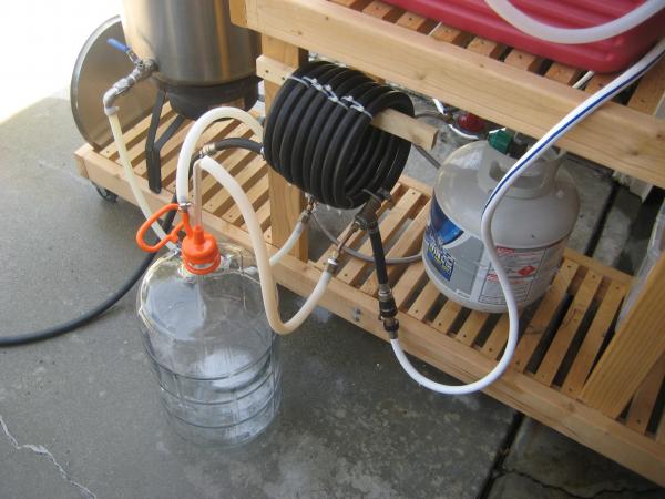 My variation on the counter-flow chiller.  I use an aspiration pump to "vacuum" the beer into the carboy.  No pump needed!