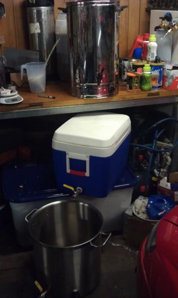 makeshift brewery - Crown 40L urn, 55L Esky cooler mash tun (stainless braid), 50L stainless electric kettle