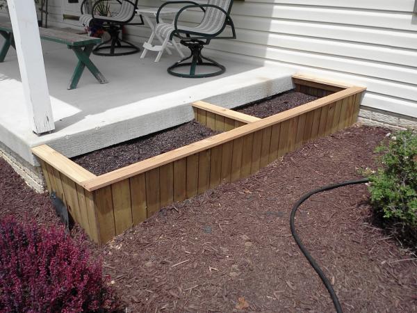 Planting beds made from a broken piece of cedar fencing and a couple pieces of cedar 1X4