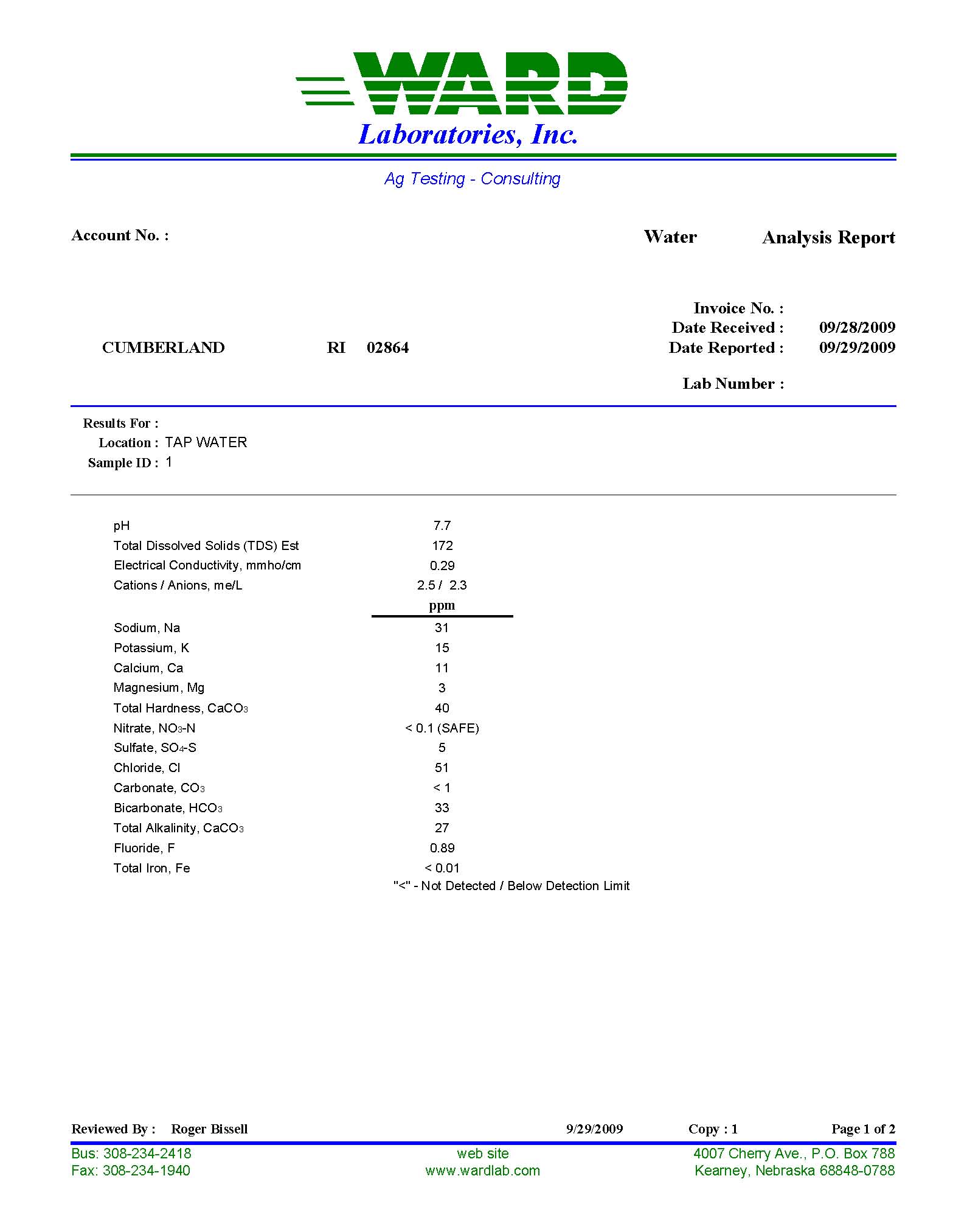 WaterAnalysisforCumberlandRI