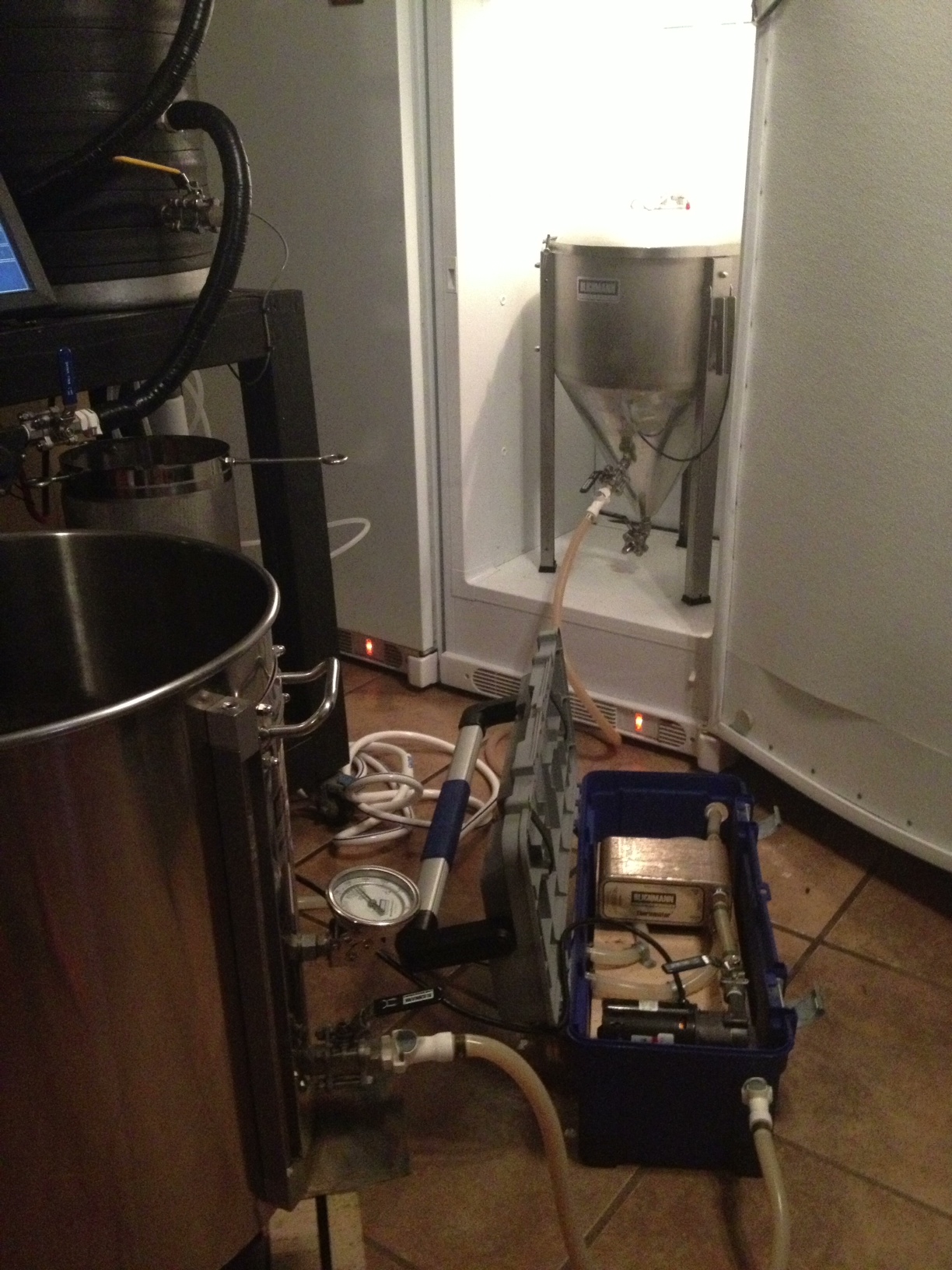 Pumping the wort into the fermenter through the plate chiller