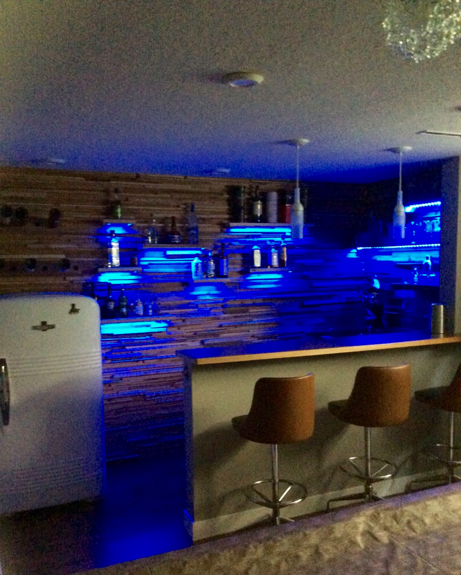Bar with the blue lights on.