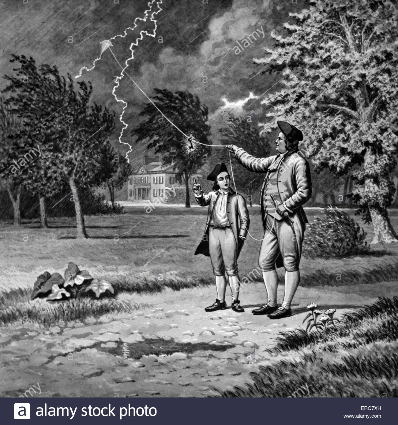 1700s-1752-benjamin-franklin-kite-and-key-electricity-experiment-during-ERC7XH.jpg