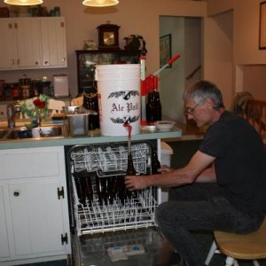 Before bottling, the bottles are placed on the pins in the dishwasher with about a 1/4 cup of bleach and run through a heated wash, heated dry cycle to sanitize them.  I then bottle over the dishwasher door because the bottles are handy, I can sit and the
