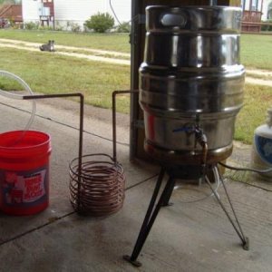 Keggle with ball valve, propane burner, dual-coil immersion chiller