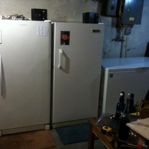 Left to right:hops storage and lagering/aging fridge, 2 upright fermenting freezers, lagering/aging chest freezer.