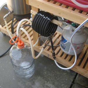 My variation on the counter-flow chiller.  I use an aspiration pump to "vacuum" the beer into the carboy.  No pump needed!