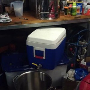 makeshift brewery - Crown 40L urn, 55L Esky cooler mash tun (stainless braid), 50L stainless electric kettle