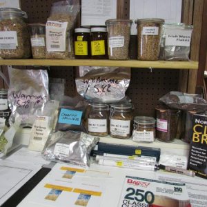 survival shops 001 Grains Recipies, some hops, somebooks, some honey (local)